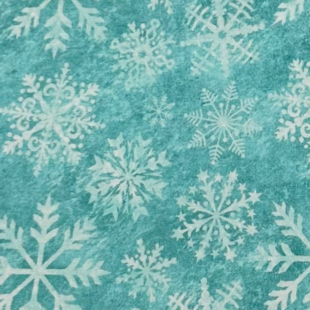 White Snowflakes on Aqua Organic Cotton/Spandex Jersey Fabric - Nature's Fabrics