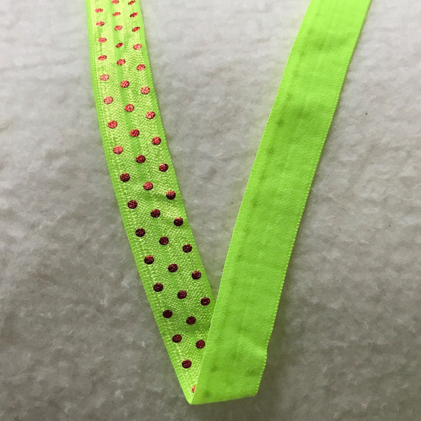 5/8" Shiny Fold Over Elastic-Red Dots On Key Lime - Nature's Fabrics
