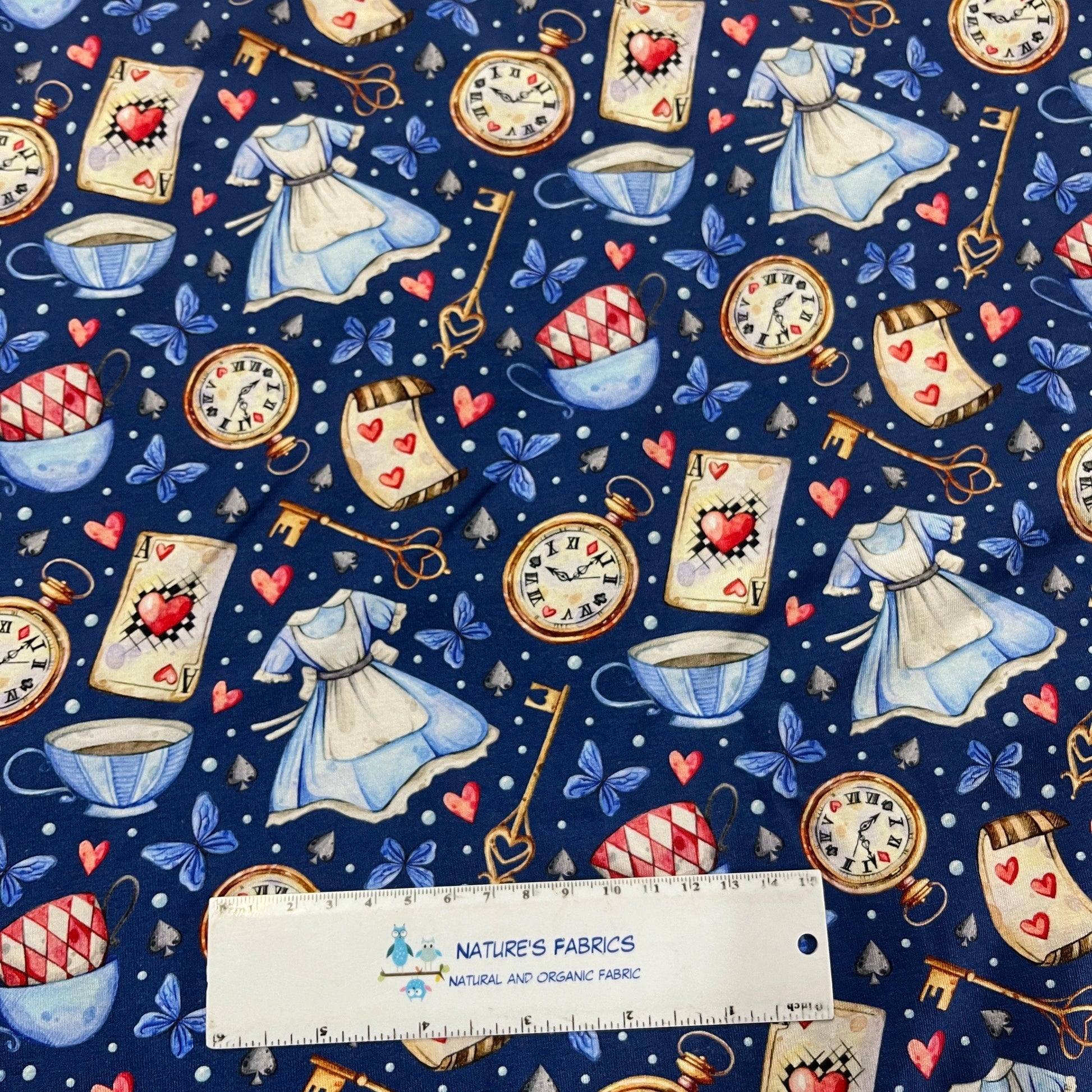 Alice in Wonderland on Bamboo Stretch French Terry Fabric - Nature's Fabrics