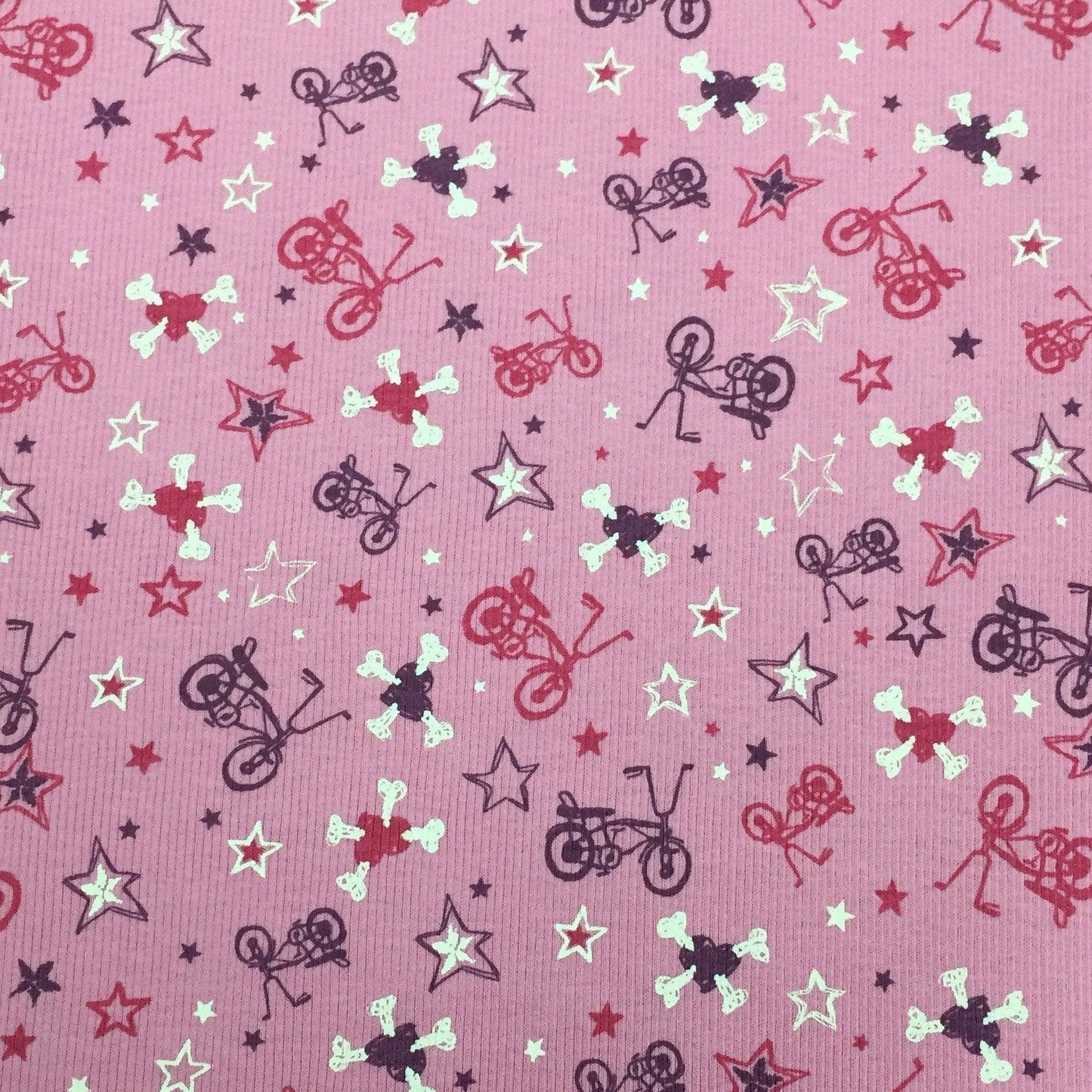 Bicycle Fun on Pink Cotton Rib Knit Fabric - Nature's Fabrics