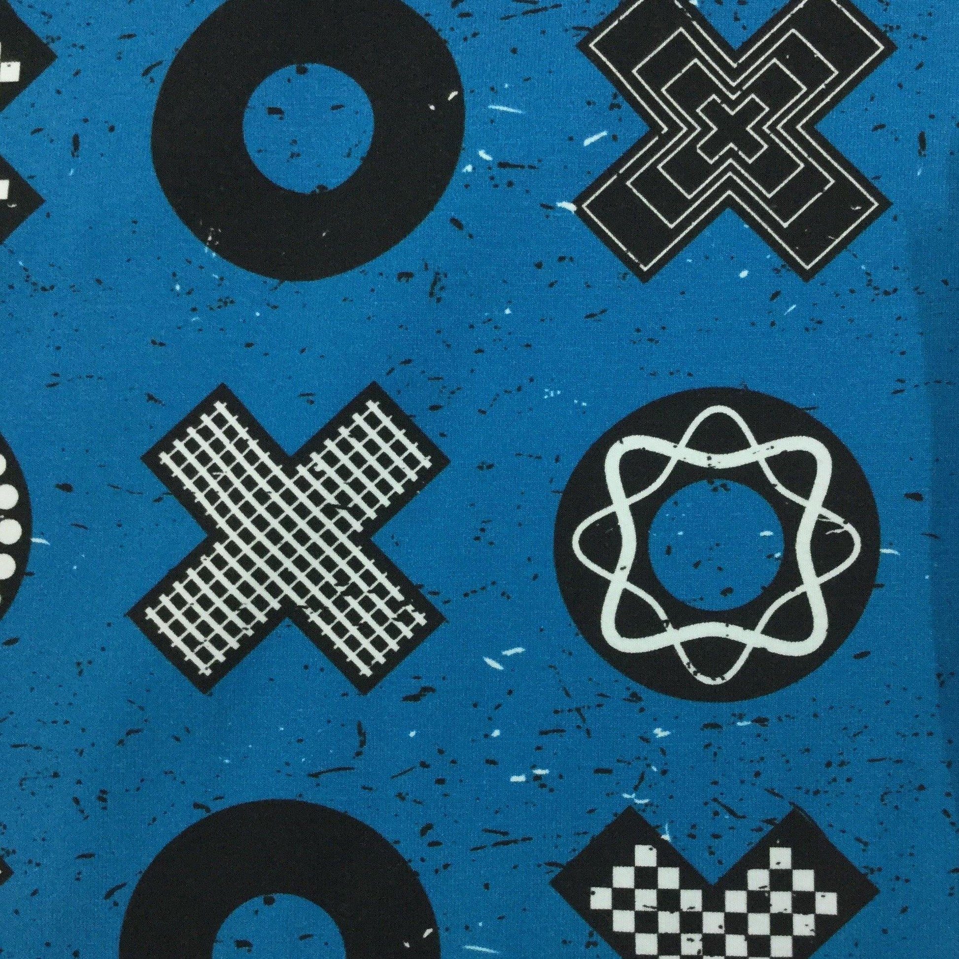 Black X's and O's on Blue Organic Cotton/Spandex Jersey Fabric - Nature's Fabrics