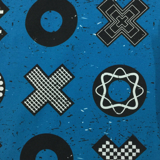 Black X's and O's on Blue Organic Cotton/Spandex Jersey Fabric - Nature's Fabrics