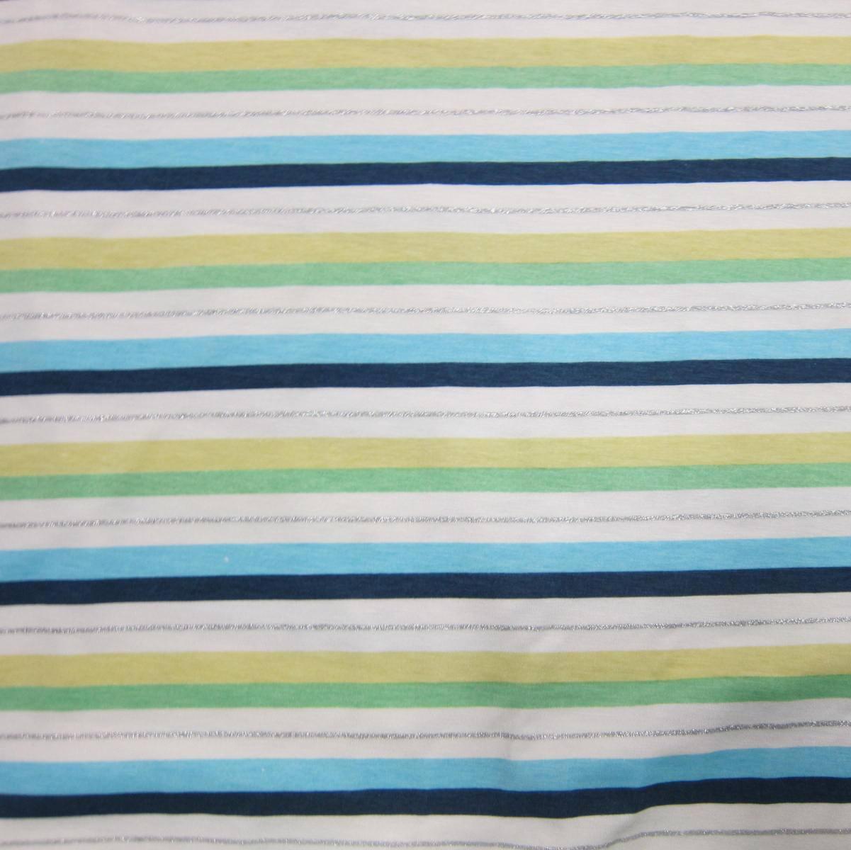 Blue and Green Sparkle Stripe on White Cotton Jersey Fabric - Nature's Fabrics