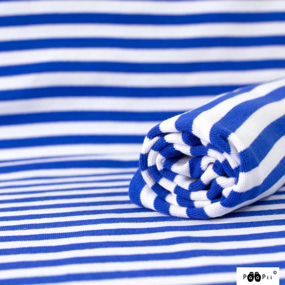 Blue and White Stripes on Organic Cotton/Spandex Rib Knit Fabric - Nature's Fabrics
