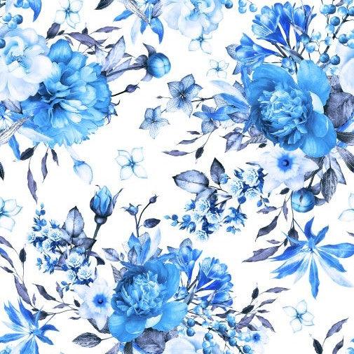 Blue Roses on White Bamboo Stretch French Terry Fabric - Nature's Fabrics