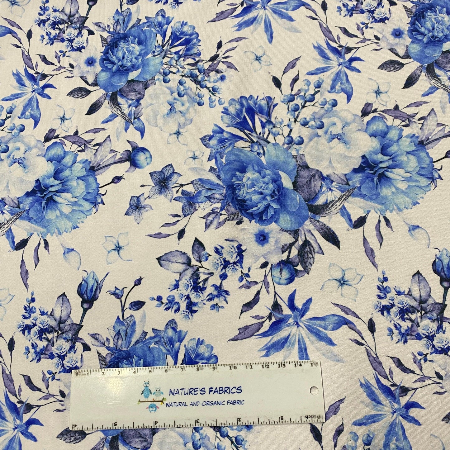 Blue Roses on White Bamboo Stretch French Terry Fabric - Nature's Fabrics