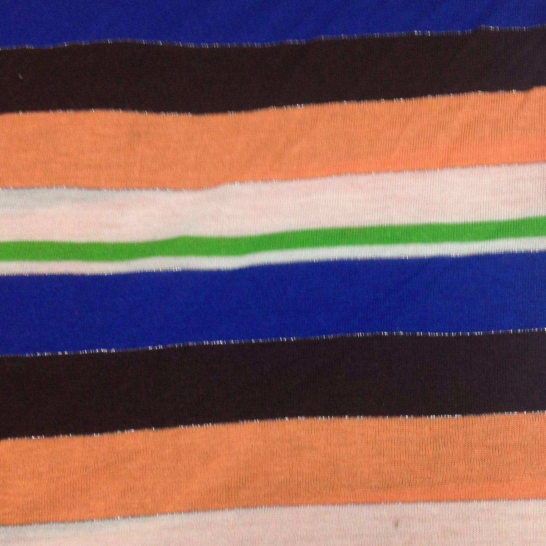Brown, Blue and Orange Stripes on Cotton/Poly Jersey Fabric - Nature's Fabrics