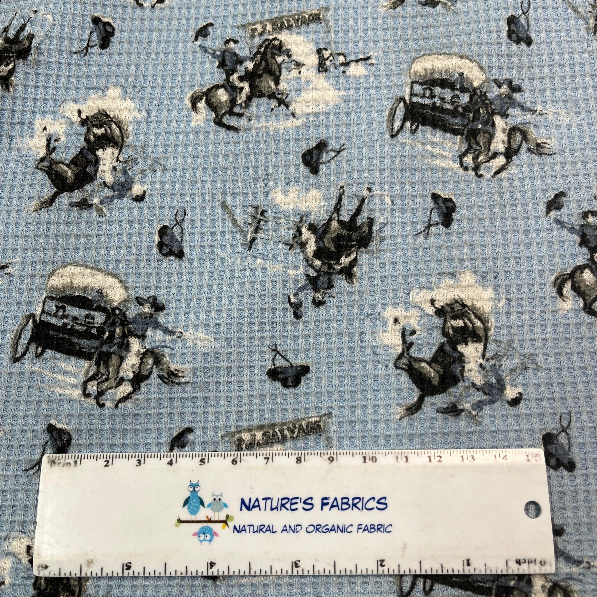 Cowboys on Blue Cotton Thermal Fabric - Nature's Fabrics