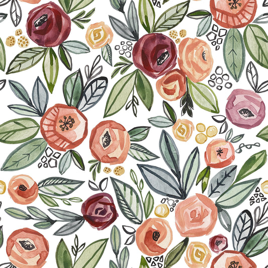 Fall Painted Roses on Bamboo Stretch French Terry Fabric - Nature's Fabrics