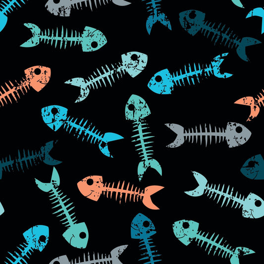 Fish Bones on Black 1 mil PUL Fabric - Made in the USA - Nature's Fabrics