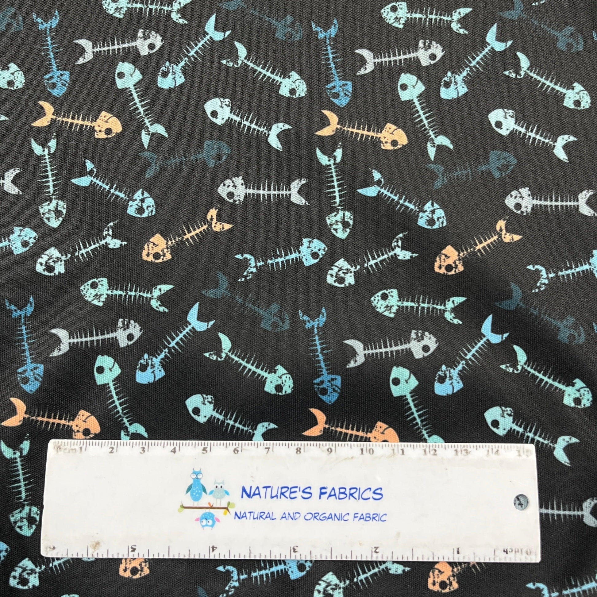 Fish Bones on Black 1 mil PUL Fabric - Made in the USA - Nature's Fabrics