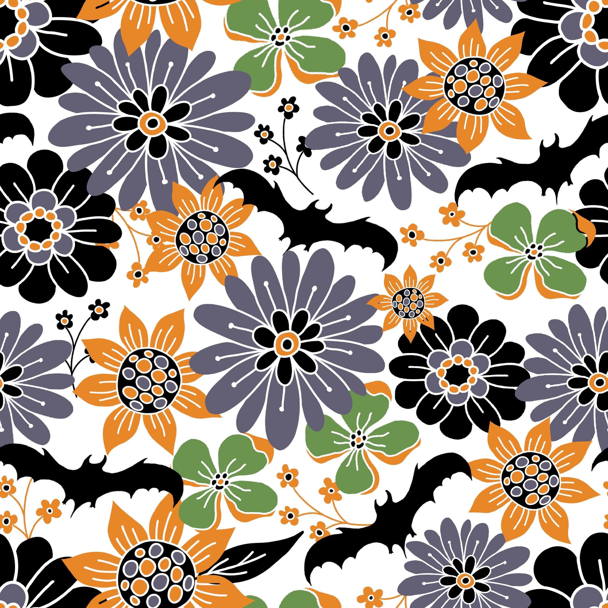 Floral Batty Halloween on Bamboo/Spandex Jersey Fabric - Nature's Fabrics