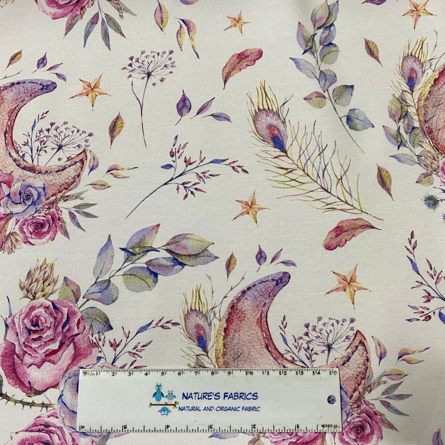 Floral Moons on White Bamboo Stretch French Terry Fabric - Nature's Fabrics