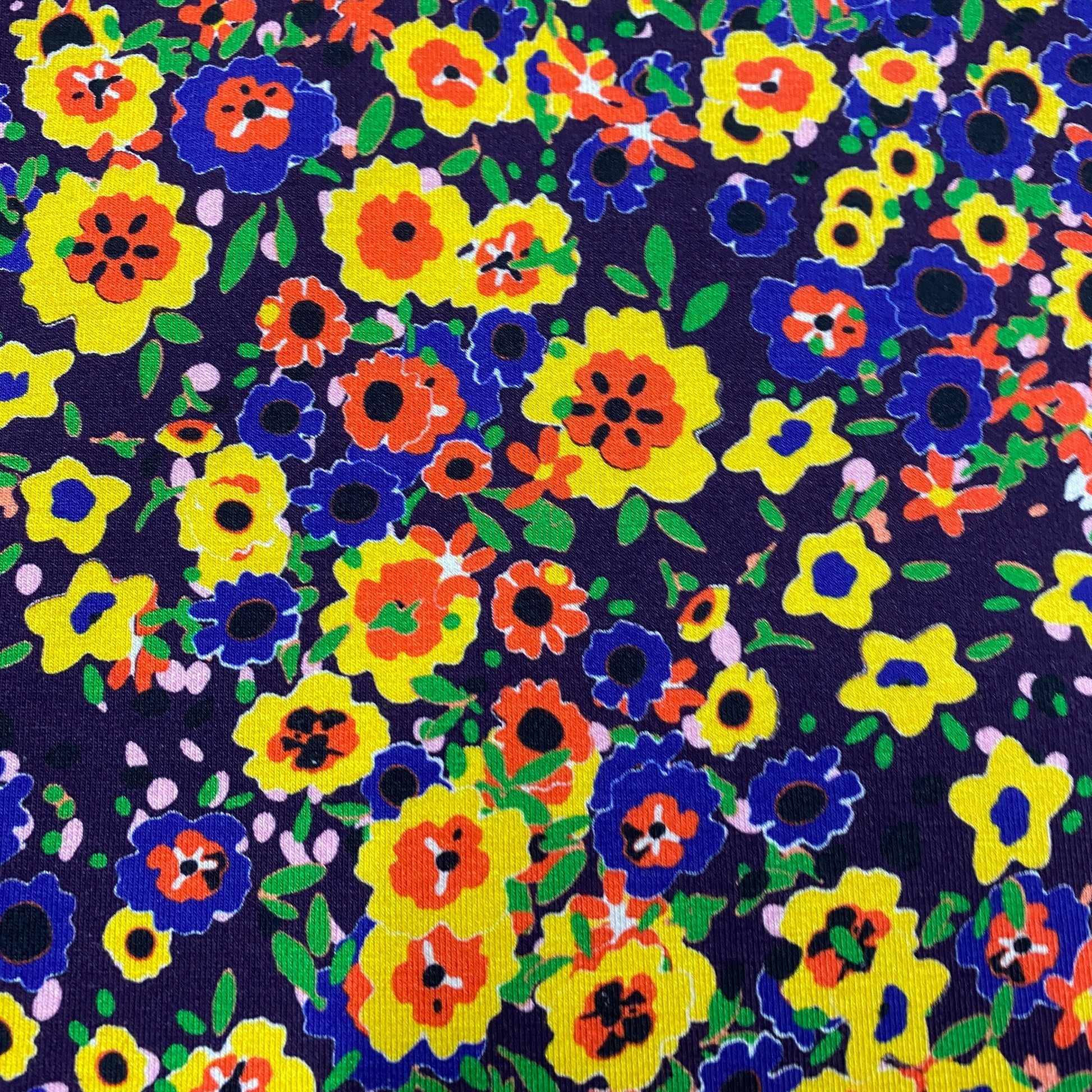Gold and Purple Flowers on Bamboo/Spandex Jersey Fabric - Nature's Fabrics