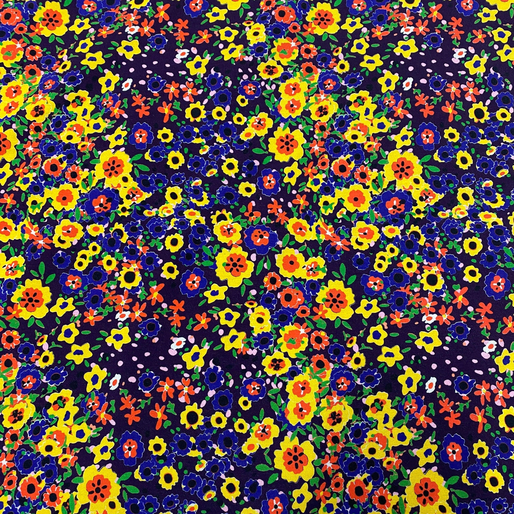 Gold and Purple Flowers on Bamboo/Spandex Jersey Fabric - Nature's Fabrics