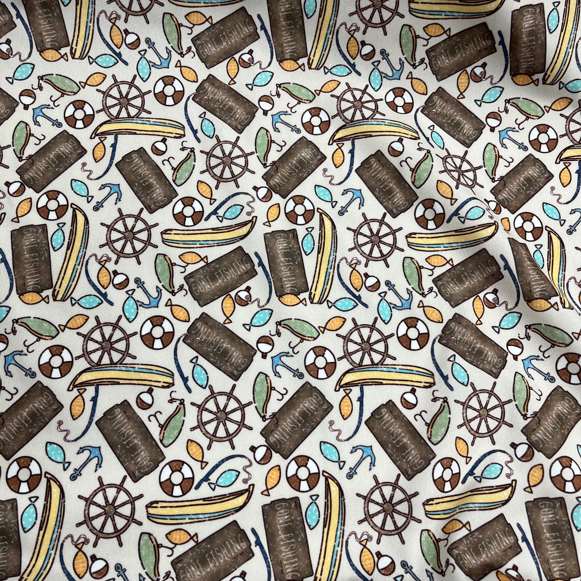 Gone Fishing on Tan 1 mil PUL Fabric - Made in the USA - Nature's Fabrics