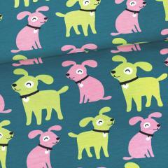 Green and Pink Sesse Dogs on Petrol Organic Cotton/Spandex Jersey Fabric - Nature's Fabrics