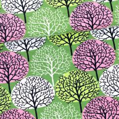 Green and Pink Trees on Green Organic Cotton/Spandex Jersey Fabric - Nature's Fabrics