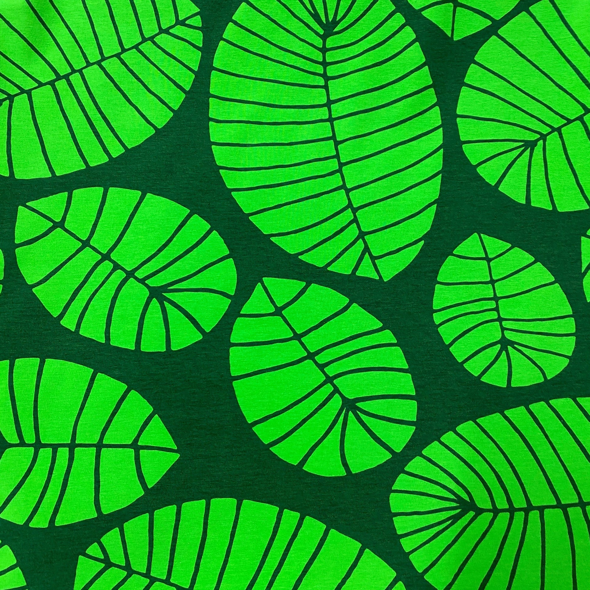 Green Banana Leaf on Organic Cotton/Spandex Jersey Fabric - Nature's Fabrics