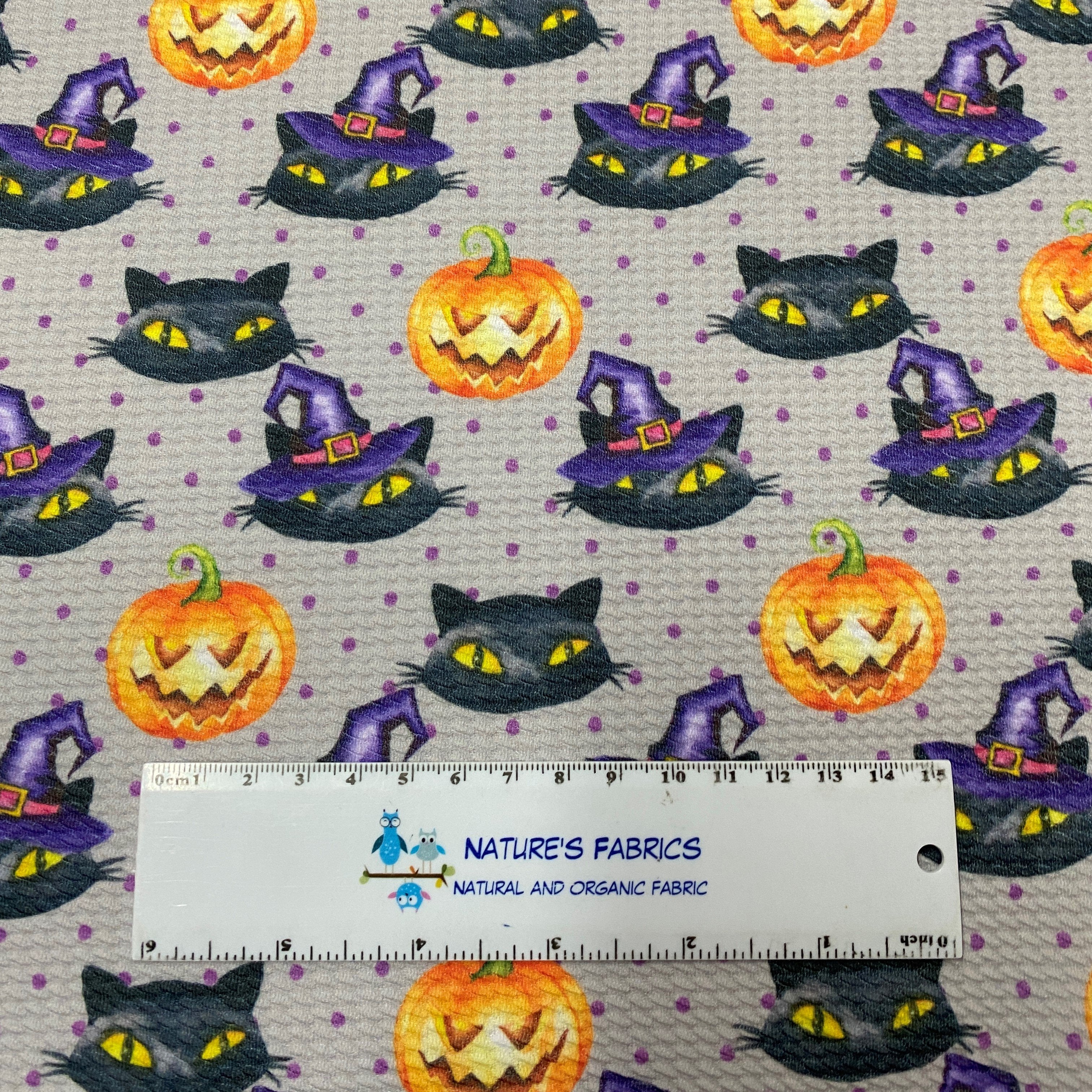 Halloween Cats on Gray Organic Cotton Spandex Jersey Fabric