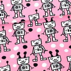 Happy Robots on Pink Organic Cotton/Spandex Jersey Fabric - Nature's Fabrics