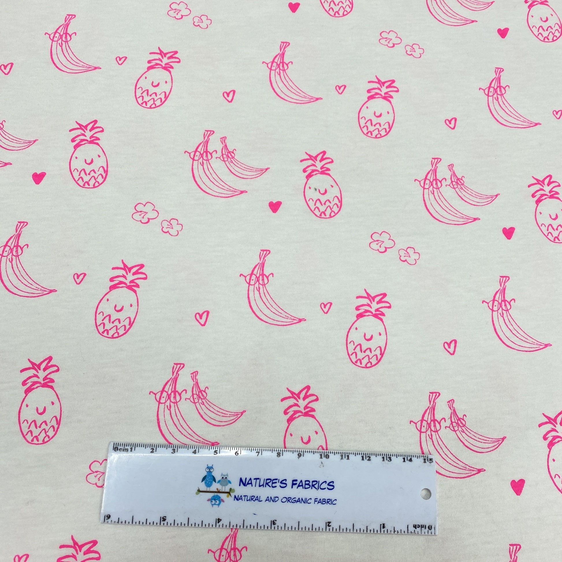 Hot Pink Tropical Fruit on Organic Cotton Jersey - Nature's Fabrics