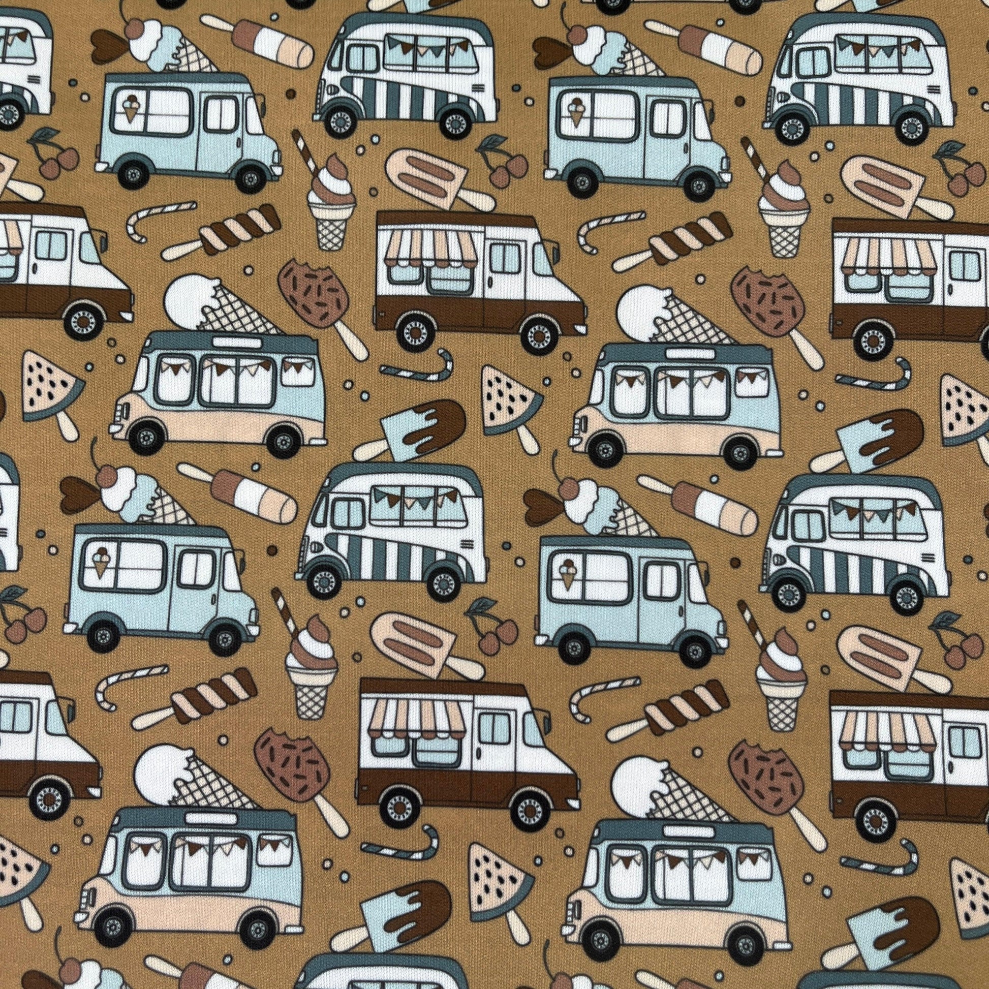 Ice Cream Trucks on Brown 1 mil PUL Fabric - Made in the USA - Nature's Fabrics