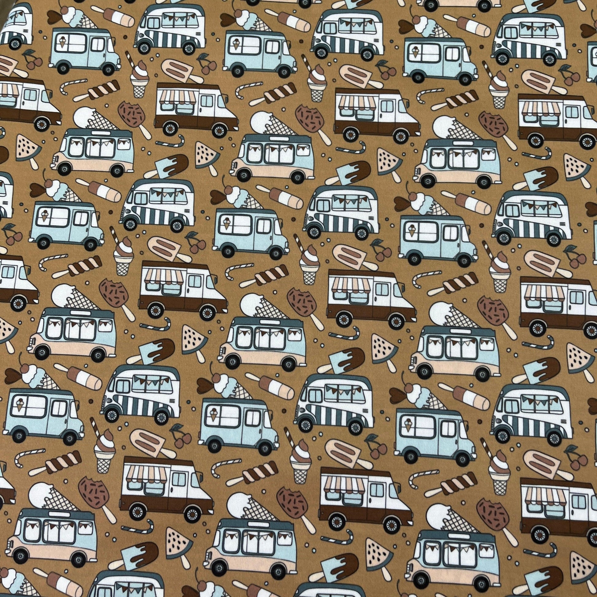 Ice Cream Trucks on Brown 1 mil PUL Fabric - Made in the USA - Nature's Fabrics