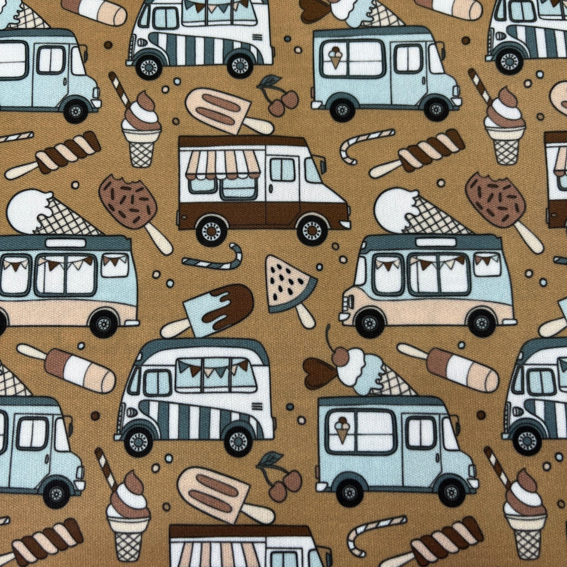 Ice Cream Trucks on Brown 1 mil PUL Fabric - Made in the USA - Nature's Fabrics