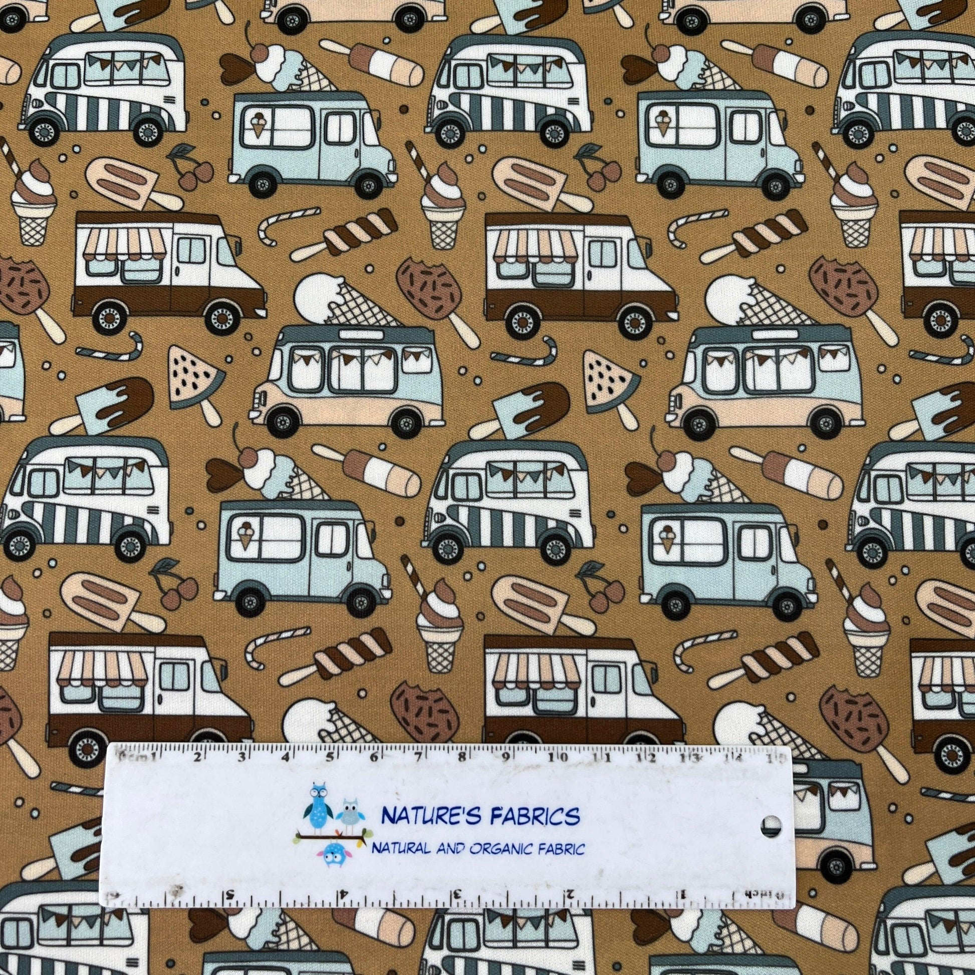 Ice Cream Trucks on Brown 1 mil PUL Fabric - Made in the USA - Nature's Fabrics