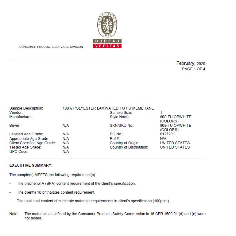 Lead and Flammability Certificate for PUL-2020 CPSC - Nature's Fabrics