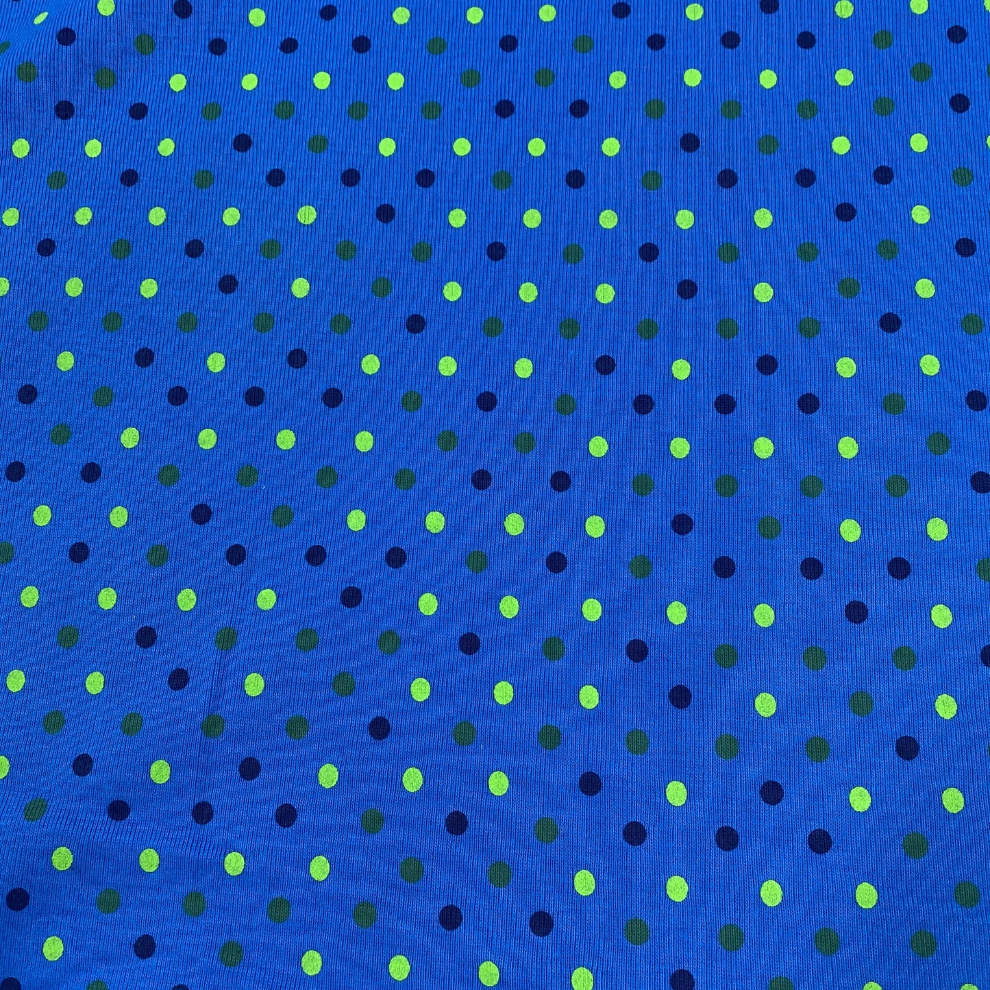 Lime Dots on Blue Organic Cotton Rib Knit - Nature's Fabrics