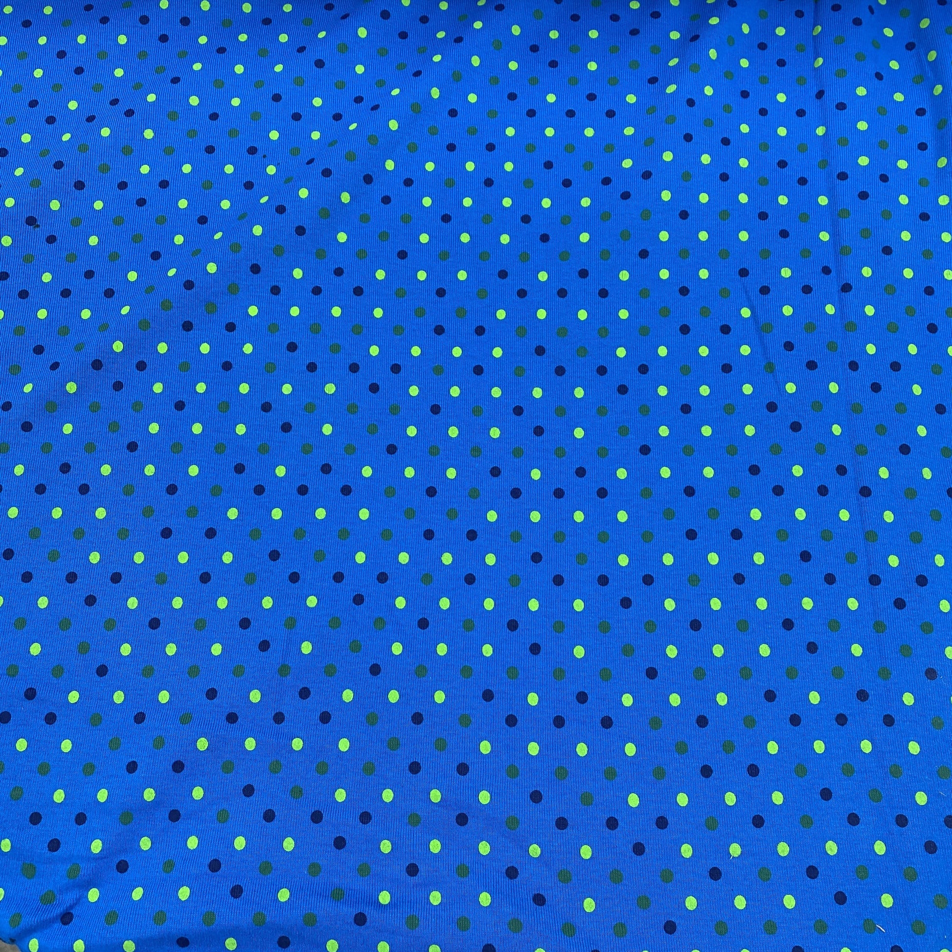 Lime Dots on Blue Organic Cotton Rib Knit - Nature's Fabrics