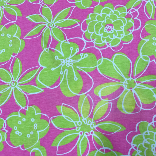 Lime Green Flowers on Pink Cotton Jersey Fabric - Nature's Fabrics