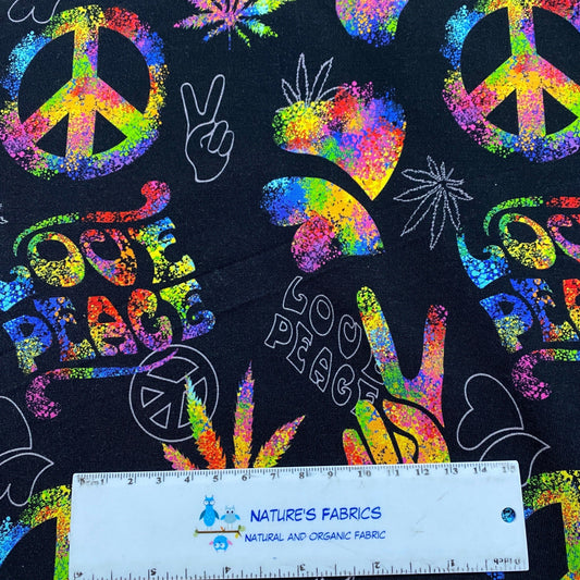 Love and Peace on Black 1 mil PUL Fabric - Made in the USA - Nature's Fabrics