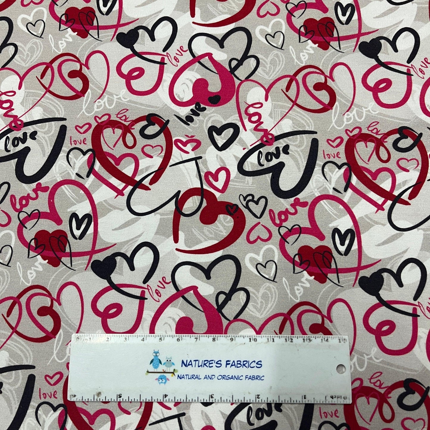 Love Hearts on Gray Bamboo/Spandex Jersey Fabric - Nature's Fabrics