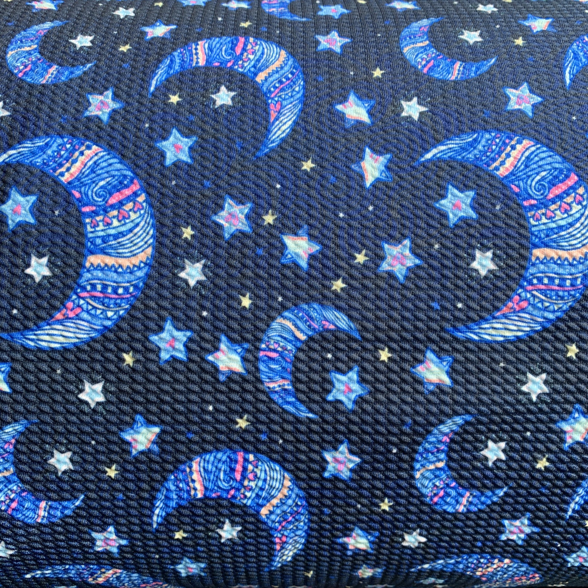 Moon and Stars on Navy Bullet Knit - Nature's Fabrics