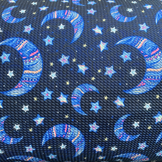 Moon and Stars on Navy Bullet Knit - Nature's Fabrics