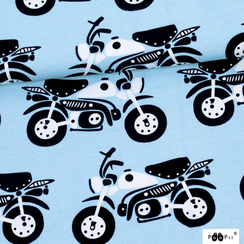 Moped on Light Blue Organic Cotton/Spandex French Terry Fabric - 22" wide cut - Nature's Fabrics