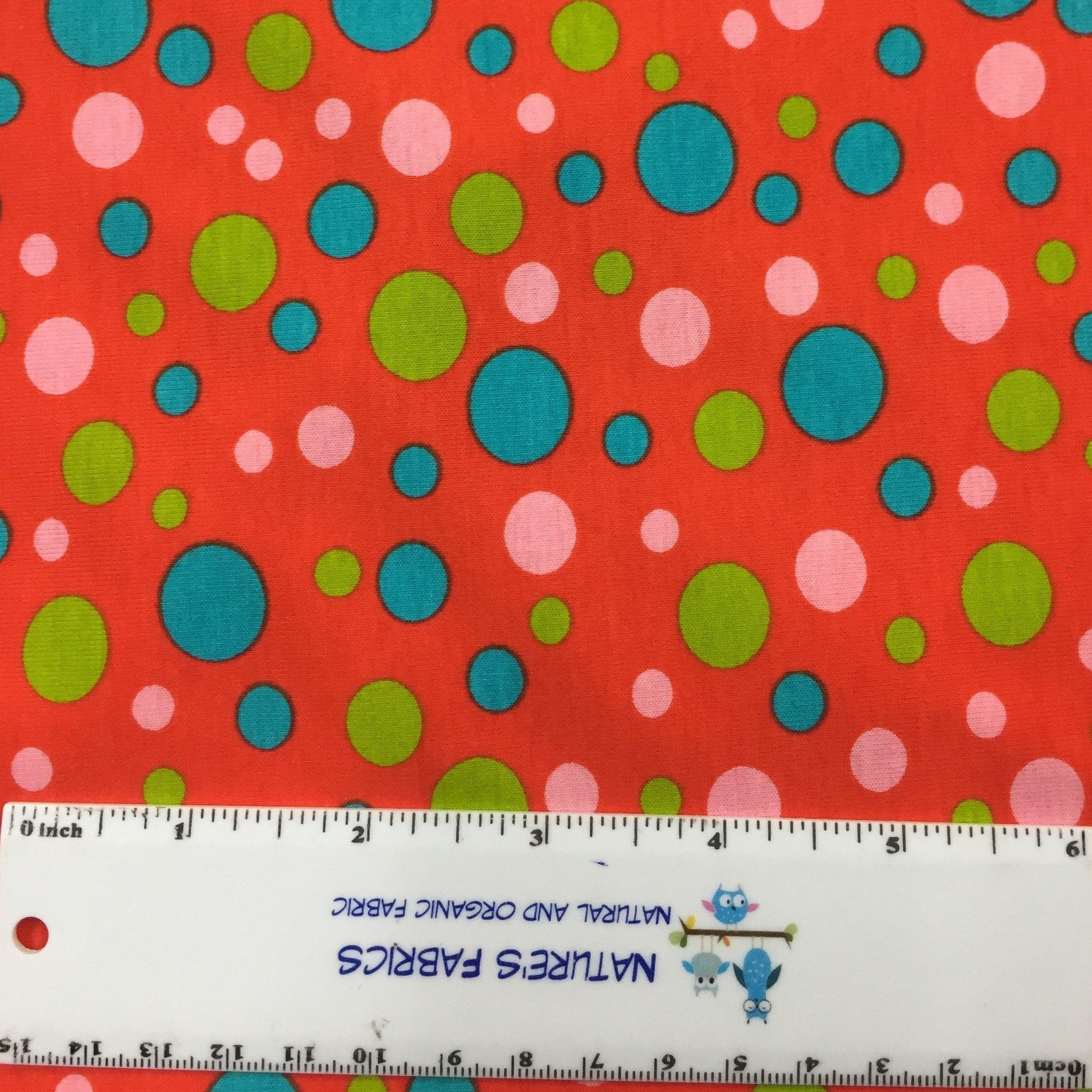 Multicolor Dots on Red Cotton/Spandex Jersey