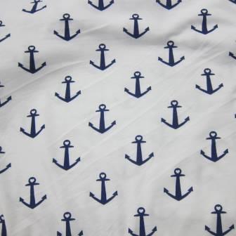 Navy Anchors on White Cotton Jersey