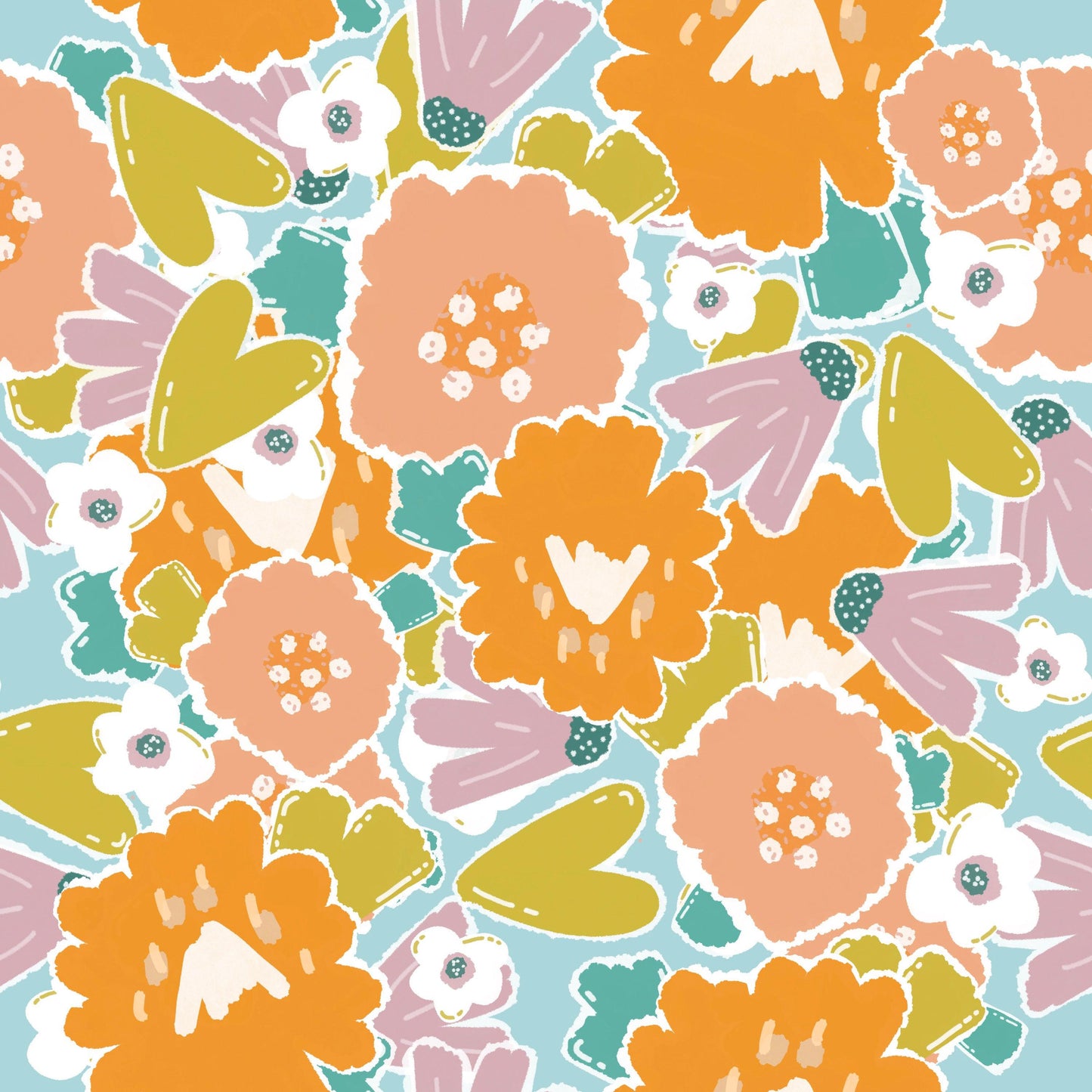 Orange Flowers on Mint Bamboo/Spandex Jersey Fabric - Nature's Fabrics