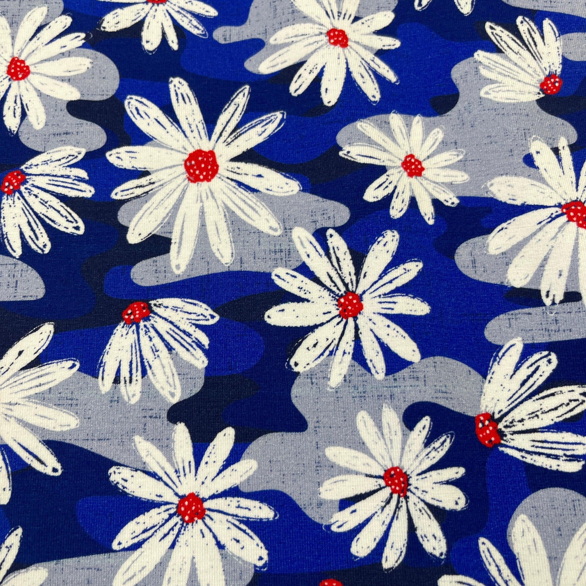 Patriotic Daisies on Bamboo/Spandex Jersey Fabric - Nature's Fabrics