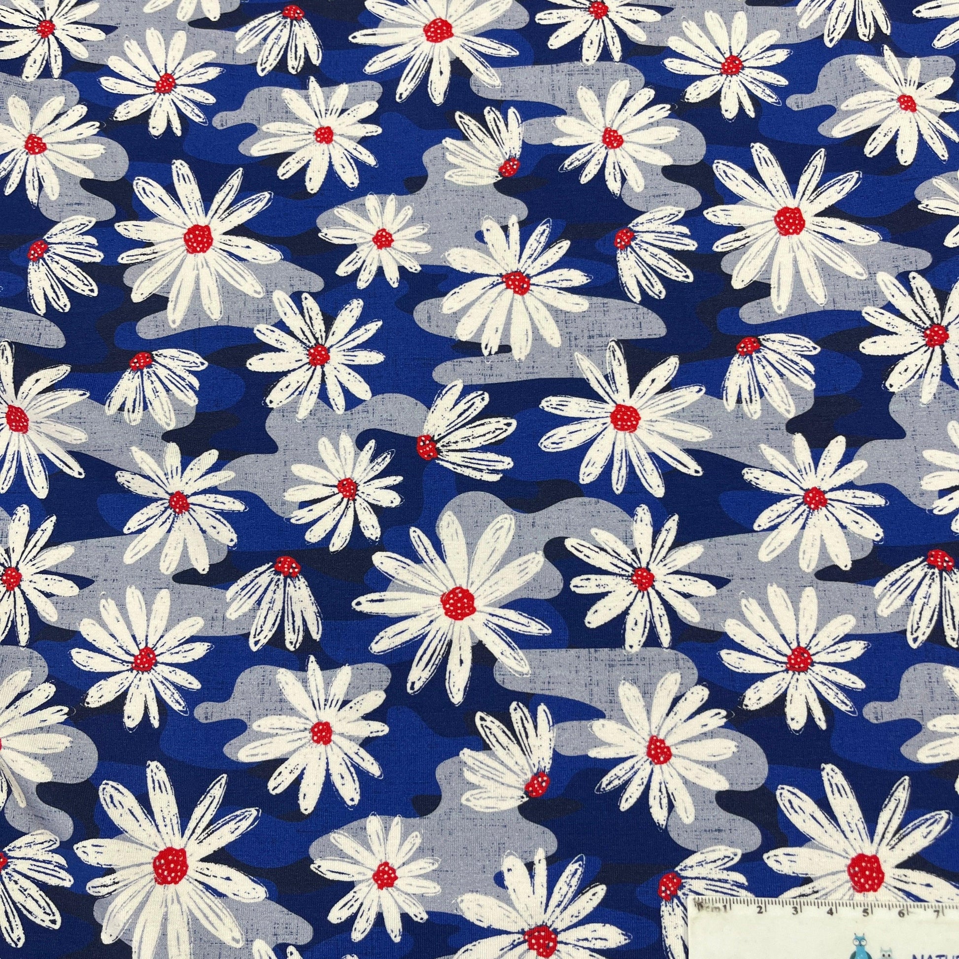 Patriotic Daisies on Bamboo/Spandex Jersey Fabric - Nature's Fabrics