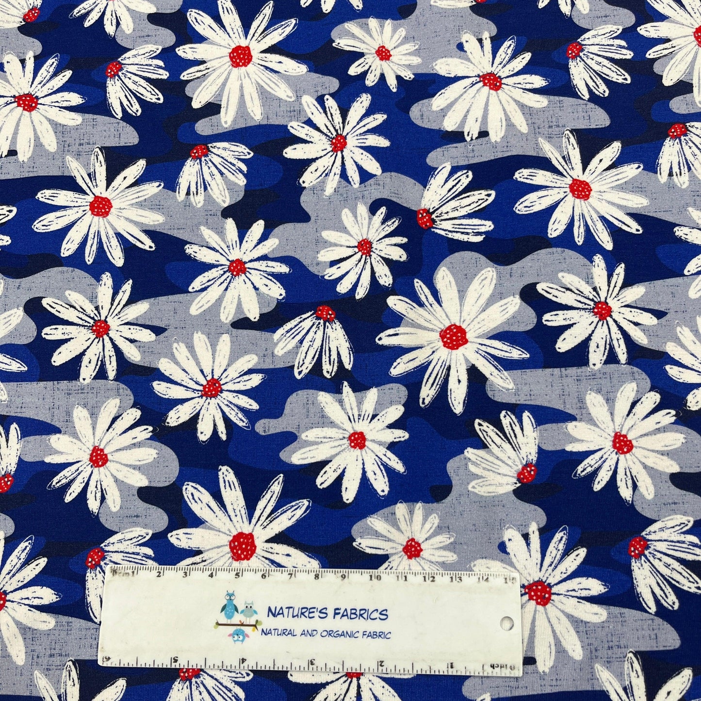 Patriotic Daisies on Bamboo/Spandex Jersey Fabric - Nature's Fabrics