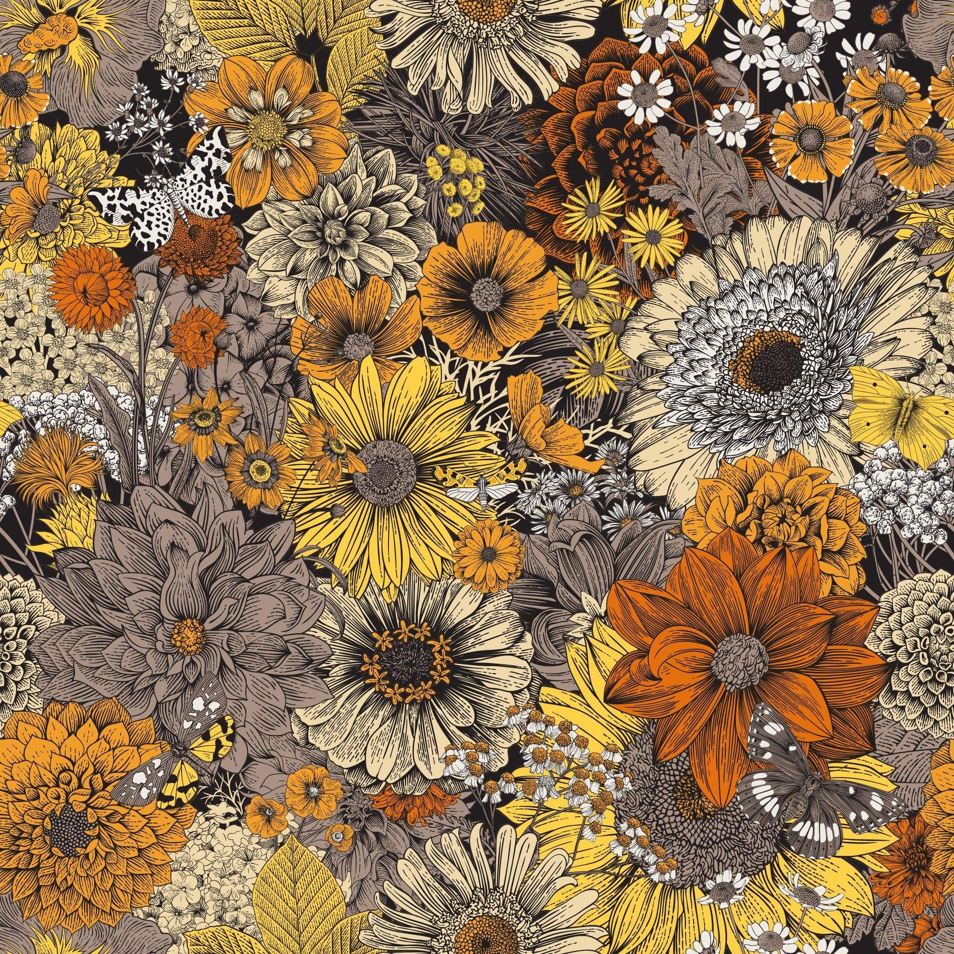 Pen and Ink Fall Flowers on Bamboo Stretch French Terry Fabric - Nature's Fabrics
