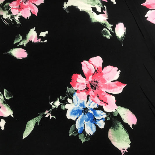 Pink and Blue Flowers on Black Double Brushed Polyester/Spandex Jersey