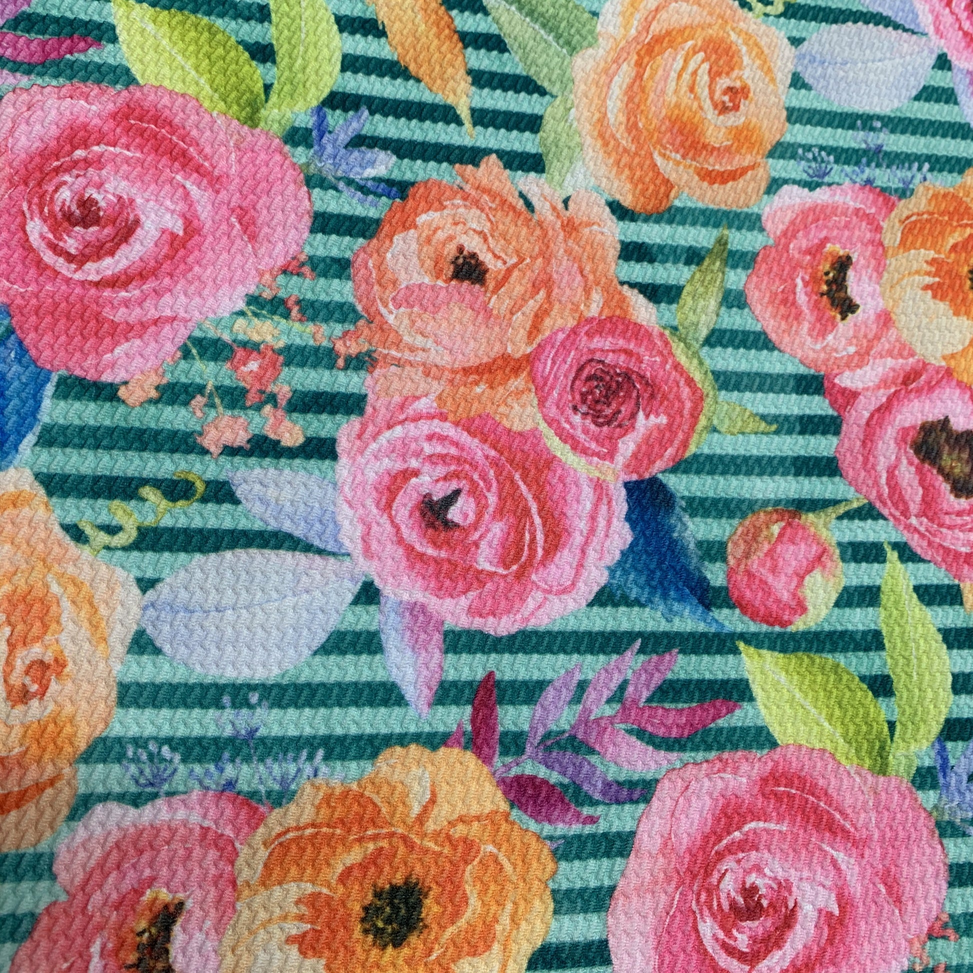 Pink and Orange Flowers on Greeen Stripes Bullet Knit - Nature's Fabrics