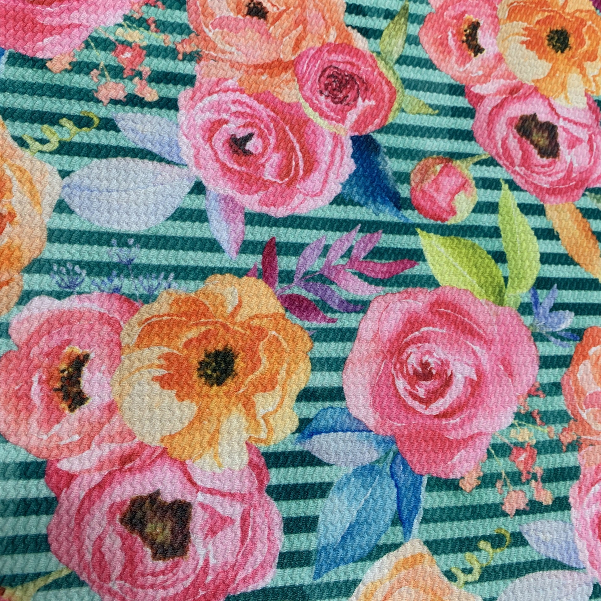 Pink and Orange Flowers on Greeen Stripes Bullet Knit - Nature's Fabrics