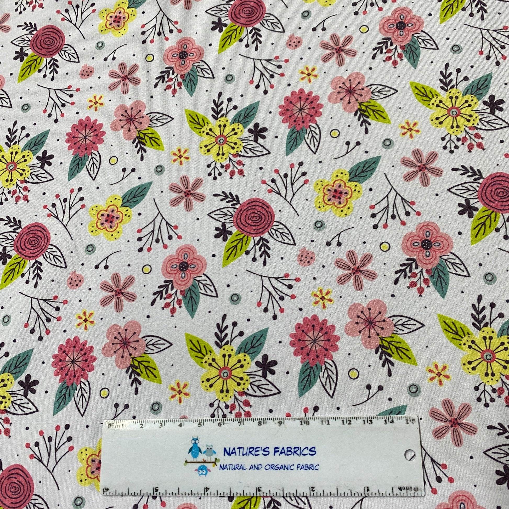 Pink and Yellow Flowers on Bamboo/Spandex Jersey Fabric - Nature's Fabrics